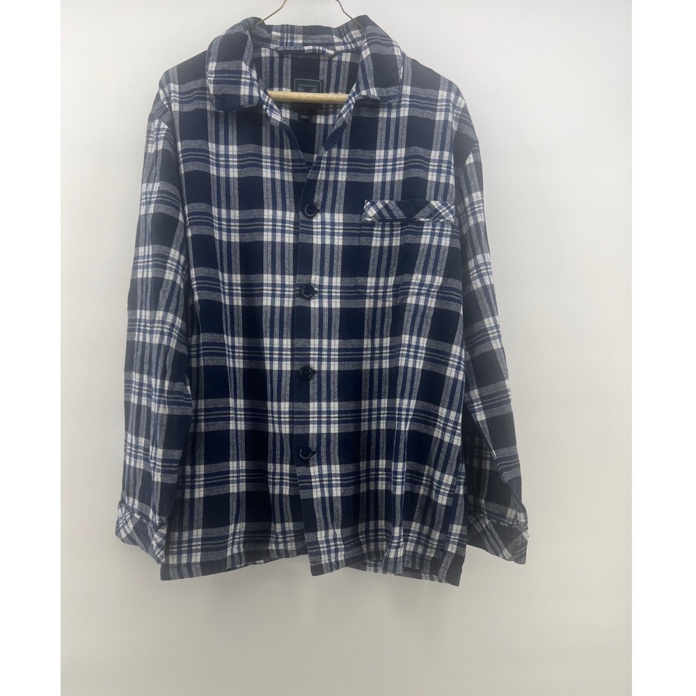 Majestic International Mens Navy Blue White Plaid Flannel Pajama Shirt Medium - Picture 2 of 8